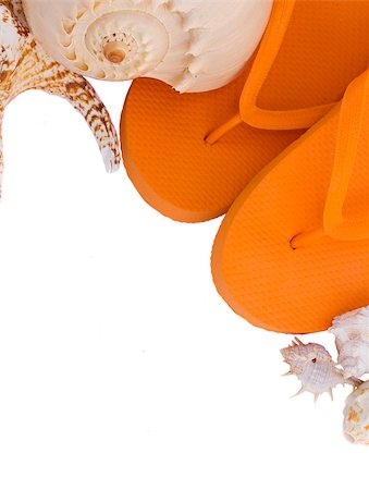 pair of orange sandals seashells frame isolated on white background Stock Photo - Budget Royalty-Free & Subscription, Code: 400-06880837