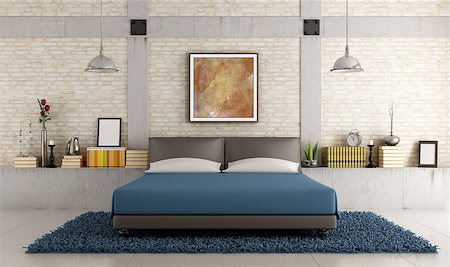 Contemporary bedroom in a loft with brick wall and concrete pillar - rendering - the art picture on wall is a my compsition Stock Photo - Budget Royalty-Free & Subscription, Code: 400-06880976