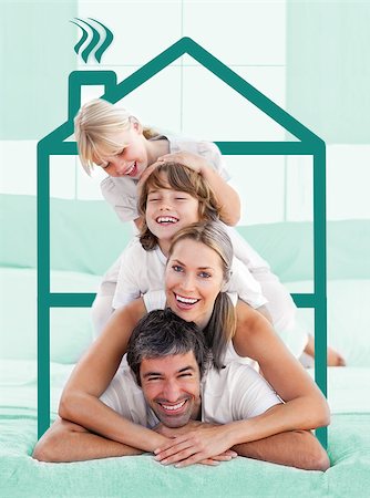 Family having fun doing a piggyback over house representation in green Stock Photo - Budget Royalty-Free & Subscription, Code: 400-06882257