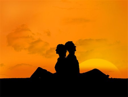 Silhouette of couple relaxing under a sunset back to back Stock Photo - Budget Royalty-Free & Subscription, Code: 400-06882347