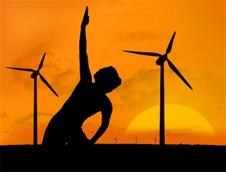 female silhouette in the wind - Woman practicing yoga under sunset in front of wind turbines Stock Photo - Budget Royalty-Free & Subscription, Code: 400-06882349