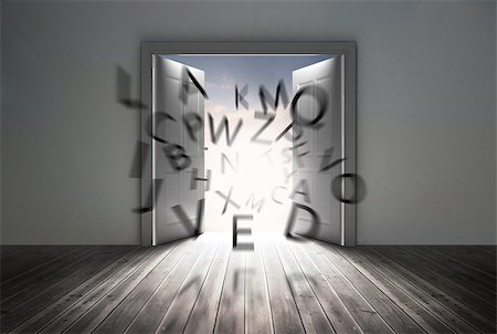 simsearch:400-06882578,k - Doors opening to show flying letters in a grey room Stock Photo - Budget Royalty-Free & Subscription, Code: 400-06882575