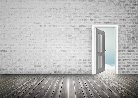 Doorway opening to blue sky in grey brick wall room  with floorboards Stock Photo - Budget Royalty-Free & Subscription, Code: 400-06882664