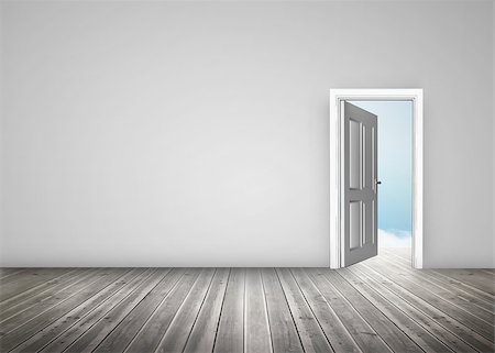 simsearch:400-06882578,k - Doorway opening to blue sky in grey room with wooden floorboards Stock Photo - Budget Royalty-Free & Subscription, Code: 400-06882663