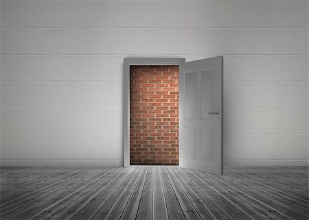 Door open to reveal red brick wall blocking the way in a dull grey room Stock Photo - Budget Royalty-Free & Subscription, Code: 400-06882681