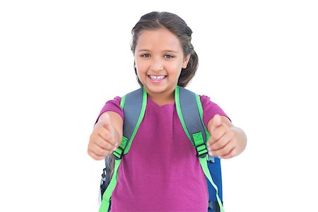 simsearch:400-06890095,k - Smiling little girl with book bag does thumbs up at camera on white background Stock Photo - Budget Royalty-Free & Subscription, Code: 400-06890134