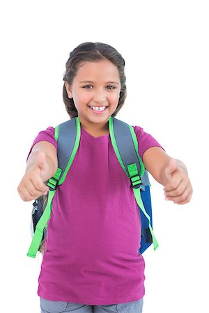 simsearch:400-06890095,k - Little girl with book bag does thumbs up at camera on white background Stock Photo - Budget Royalty-Free & Subscription, Code: 400-06890133