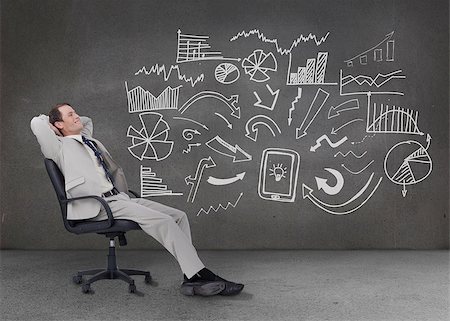 simsearch:400-07141019,k - Businessman resting on a chair in a grey room with graphs and charts on the wall Stockbilder - Microstock & Abonnement, Bildnummer: 400-06890217