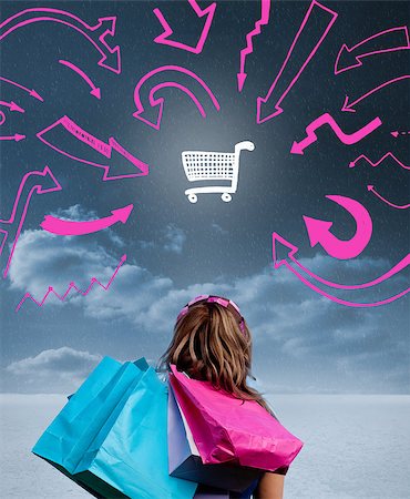 people carrying arrow - Woman holding shopping bags and looking at a drawing of a shopping cart with pink arrows Stock Photo - Budget Royalty-Free & Subscription, Code: 400-06890276