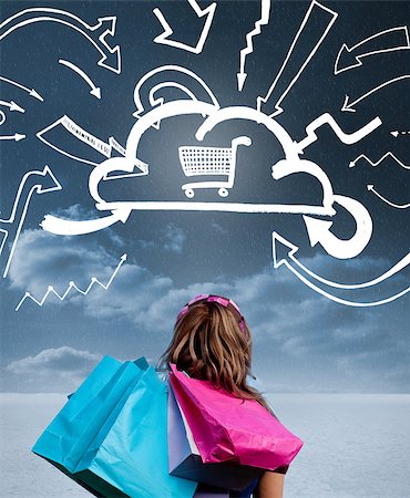 shopping bag shopping cart - Woman with shopping bags and looking at a drawing with shopping cart into a cloud Stock Photo - Budget Royalty-Free & Subscription, Code: 400-06890277