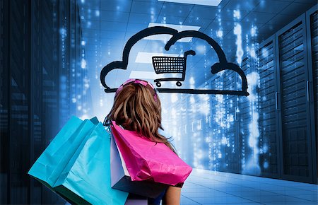 shopping bag shopping cart - Woman in a data center holding shopping bags and looking at a drawing with a shopping cart into a cloud Stock Photo - Budget Royalty-Free & Subscription, Code: 400-06890278