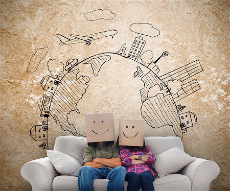 Funny employees with boxes on their heads with sketches on the wall Stock Photo - Budget Royalty-Free & Subscription, Code: 400-06890308