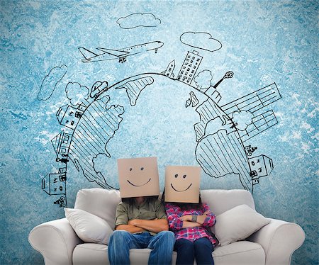 Cheerful employees with boxes on their heads with sketches on the background Stock Photo - Budget Royalty-Free & Subscription, Code: 400-06890309