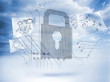 digital security - Giant padlock with circuit board and drawings floating around with blue sky on the background Stock Photo - Budget Royalty-Free & Subscription, Code: 400-06890441