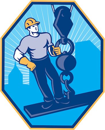 Illustration of construction worker riding on i-beam girder with ball hook done in retro style set inside hexagon Stock Photo - Budget Royalty-Free & Subscription, Code: 400-06891851