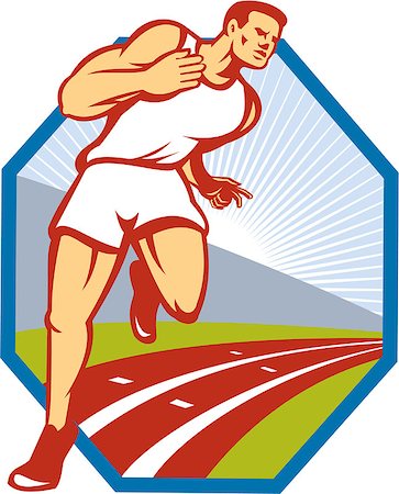 Illustration of a marathon runner track and field athlete running on race track done in retro style set inside hexagon. Stock Photo - Budget Royalty-Free & Subscription, Code: 400-06891864