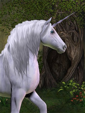 simsearch:400-04651783,k - A unicorn buck prances in the magical forest full of beautiful flowers and trees. Stock Photo - Budget Royalty-Free & Subscription, Code: 400-06892046