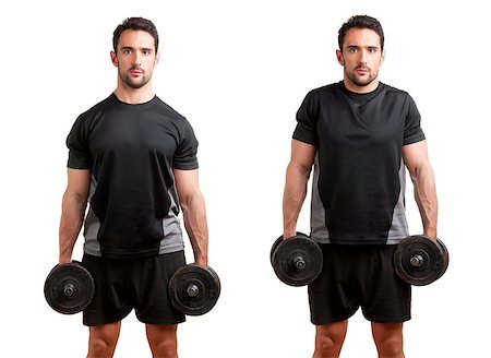 simsearch:400-06914161,k - Personal Trainer doing dumbbel shrugs for training his trapezius, isolated in white Photographie de stock - Aubaine LD & Abonnement, Code: 400-06914154