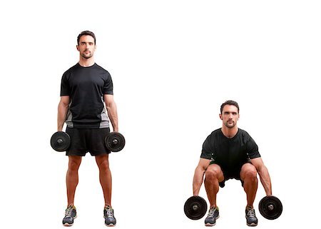 simsearch:400-06914161,k - Personal Trainer doing dumbbell squat for training his legs, isolated in white Photographie de stock - Aubaine LD & Abonnement, Code: 400-06914159