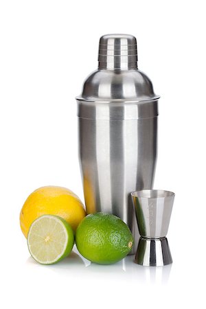 Cocktail shaker with measuring cup and citruses. Isolated on white background Stock Photo - Budget Royalty-Free & Subscription, Code: 400-06914469