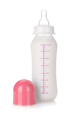 Baby bottle with milk for girl. Isolated on white background Stock Photo - Budget Royalty-Free & Subscription, Code: 400-06914607