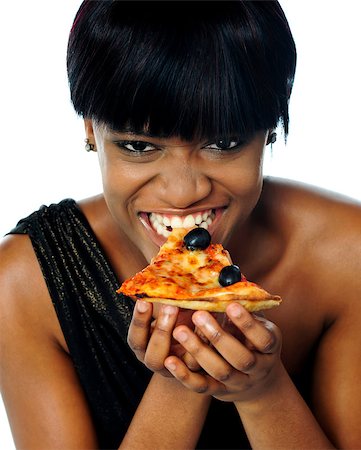 simsearch:400-08107342,k - Woman enjoying pie of a pizza isolated on white. Closeup Stock Photo - Budget Royalty-Free & Subscription, Code: 400-06914911