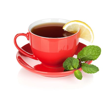 simsearch:400-04476908,k - Red tea cup with lemon and mint. Isolated on white background Stock Photo - Budget Royalty-Free & Subscription, Code: 400-06915385