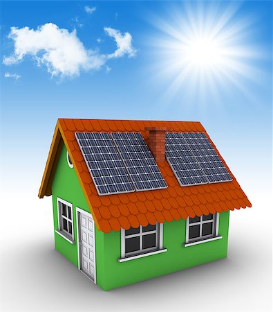 Simple green house with solar panels on the roof. 3d rendered bitmap Stock Photo - Budget Royalty-Free & Subscription, Code: 400-06917149