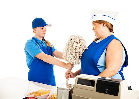 simsearch:400-06917337,k - Teenage fast food manager makes an adult woman mop up.  white background. Photographie de stock - Aubaine LD & Abonnement, Code: 400-06917337