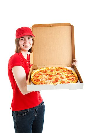 simsearch:400-06333337,k - Teenage girl delivering a fresh hot pepperoni pizza.  Isolated on white. Photographie de stock - Aubaine LD & Abonnement, Code: 400-06917366