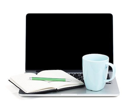simsearch:400-04641104,k - Tea cup and office supplies on laptop. Isolated on white background Stockbilder - Microstock & Abonnement, Bildnummer: 400-06917545