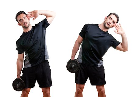simsearch:400-06914161,k - Personal Trainer doing dumbbell side bends for training his abs, isolated in white Photographie de stock - Aubaine LD & Abonnement, Code: 400-06918227