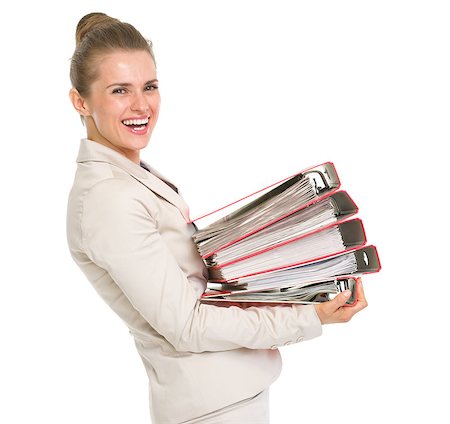 simsearch:400-06139245,k - Happy business woman holding stack of folders Foto de stock - Royalty-Free Super Valor e Assinatura, Número: 400-06919000