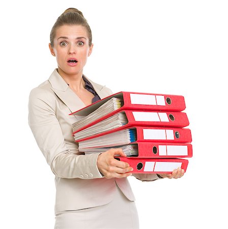 simsearch:400-06139245,k - Surprised business woman holding stack of folders Foto de stock - Royalty-Free Super Valor e Assinatura, Número: 400-06919001