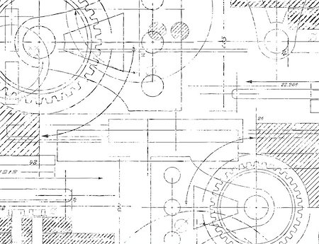 Grungy technical drawing illustration of gears and engineering parts Stock Photo - Budget Royalty-Free & Subscription, Code: 400-06911048