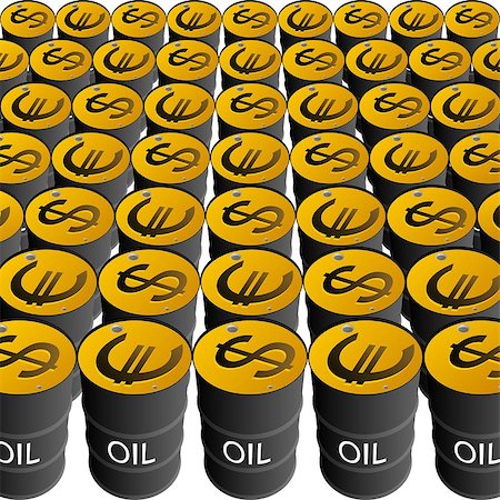 simsearch:400-07405336,k - Rows of barrels of oil and the dollar and euro signs. The illustration on a white background. Fotografie stock - Microstock e Abbonamento, Codice: 400-06911090