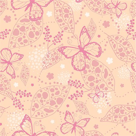 simsearch:400-08616887,k - Vector pink Butterflies Among Branches Seamless Pattern Background with fun butterflies, leaves, flowers and branches forming a floral texture. Foto de stock - Super Valor sin royalties y Suscripción, Código: 400-06911141