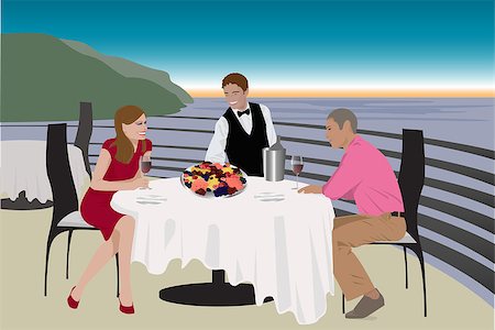 waiter standing with the platter of fruit at the   terrace and serving young couple having a glass of vine. Stock Photo - Budget Royalty-Free & Subscription, Code: 400-06911204