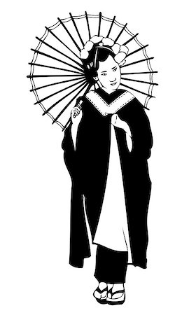 Isolated black and white vector on white background of a Japanese Geisha with flowers in her hair holding her kimono and an umbrella Stock Photo - Budget Royalty-Free & Subscription, Code: 400-06911713