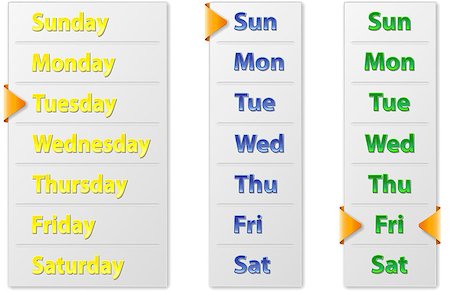 simsearch:400-07108048,k - Set of Three Abstract Vertical Weekly Calendars With Orange Arrow Pointer. Included Variants With Full Names if Days Like Sunday And With Abbreviation Like Sun. Included EPS10 format. Foto de stock - Super Valor sin royalties y Suscripción, Código: 400-06912355