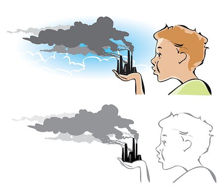 Cartoon on environmental pollution: a boy trying to blow out the factory chimneys Stock Photo - Budget Royalty-Free & Subscription, Code: 400-06912764