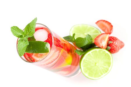 simsearch:400-06913325,k - Cocktail collection: Strawberry mojito with lime and mint isolated on white background. Small DOF Stockbilder - Microstock & Abonnement, Bildnummer: 400-06913323