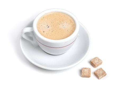 simsearch:400-07477800,k - Coffee collection - Espresso with milk and three sugar pieces. Isolated on white background. Fotografie stock - Microstock e Abbonamento, Codice: 400-06913450