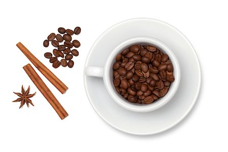 simsearch:400-04640830,k - Coffee cup with beans, anise and cinnamon. Above view. Isolated on white background Photographie de stock - Aubaine LD & Abonnement, Code: 400-06913499