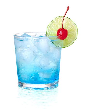 simsearch:400-04630409,k - Blue alcohol cocktail with maraschino and lime. Isolated on white background Stock Photo - Budget Royalty-Free & Subscription, Code: 400-06913508