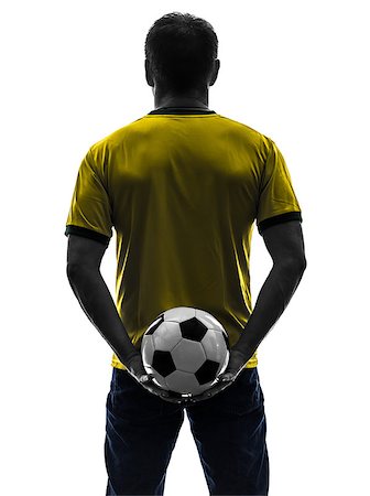 posing and back and one man - one caucasian man holding soccer football silhouette rear view back  in silhouette on white background Stock Photo - Budget Royalty-Free & Subscription, Code: 400-06913703