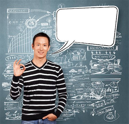 speech bubble with someone thinking - Asian man in striped with speech bubble Stock Photo - Budget Royalty-Free & Subscription, Code: 400-06926122