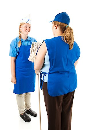 pictures of fat people in uniform - Adult boss hands a mop to a cheerful teenage worker.  Isolated on white. Stock Photo - Budget Royalty-Free & Subscription, Code: 400-06926913