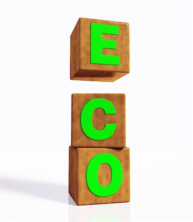 simsearch:400-06928460,k - eco word composed from green letters on cubes made of wood, placed in vertical position on a white background. And the cube with the letter E is suspended and detached from the other two Stock Photo - Budget Royalty-Free & Subscription, Code: 400-06927406