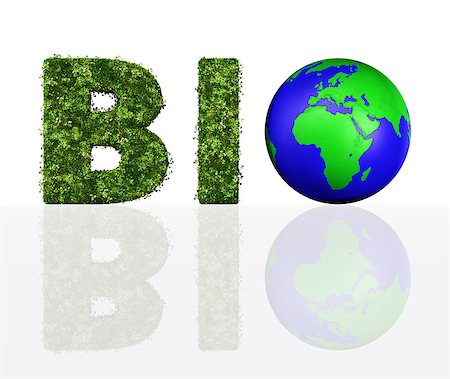 simsearch:400-06928460,k - a front view of the bio word composed from the letters B and I that are covered by grass and flowers, and the letter O that has been replaced by a blue and green world Stock Photo - Budget Royalty-Free & Subscription, Code: 400-06927409